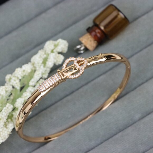 Rose Gold Belt Buckle Design Bangle with CZ Detail, XPBL0471 - Picture 1 of 12